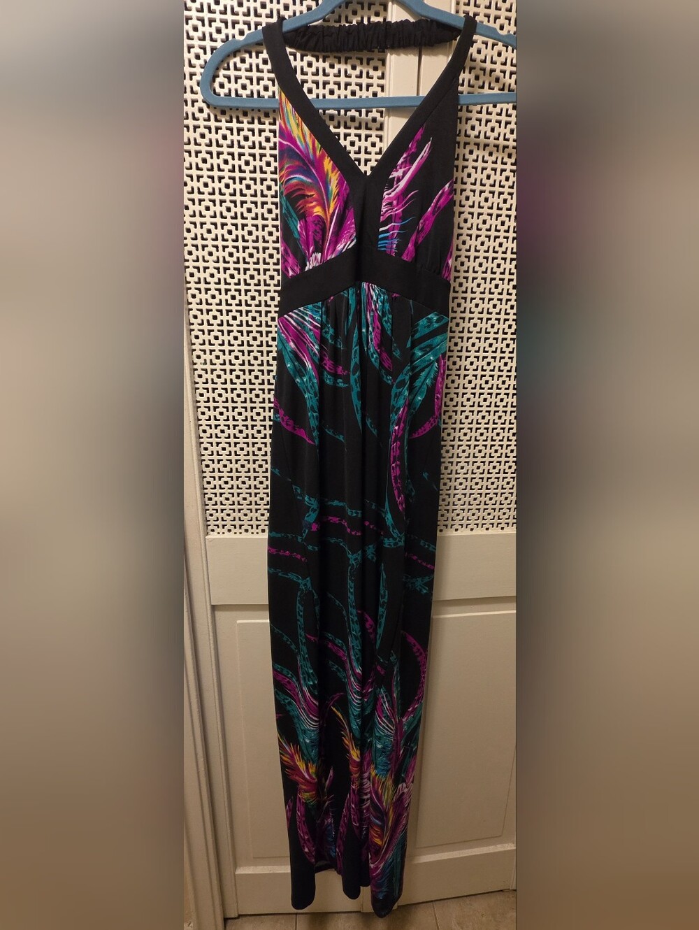 Black Halter V-Neck Maxi Dress with Couful Feather Print